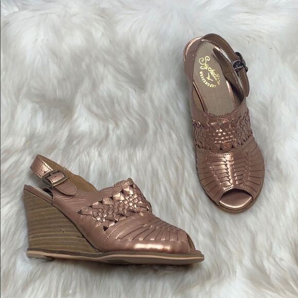 Seychelles Gold Woven Leather PeepToe Wedge Sz 6.5 - Picture 1 of 8